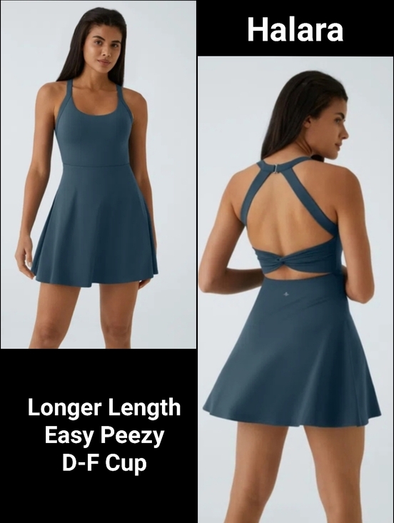HALARA Dresses & Skirts - Halara Twist Back Active Dress Easy Peezy Longer Length D-F Cup Sz L Teal Blue